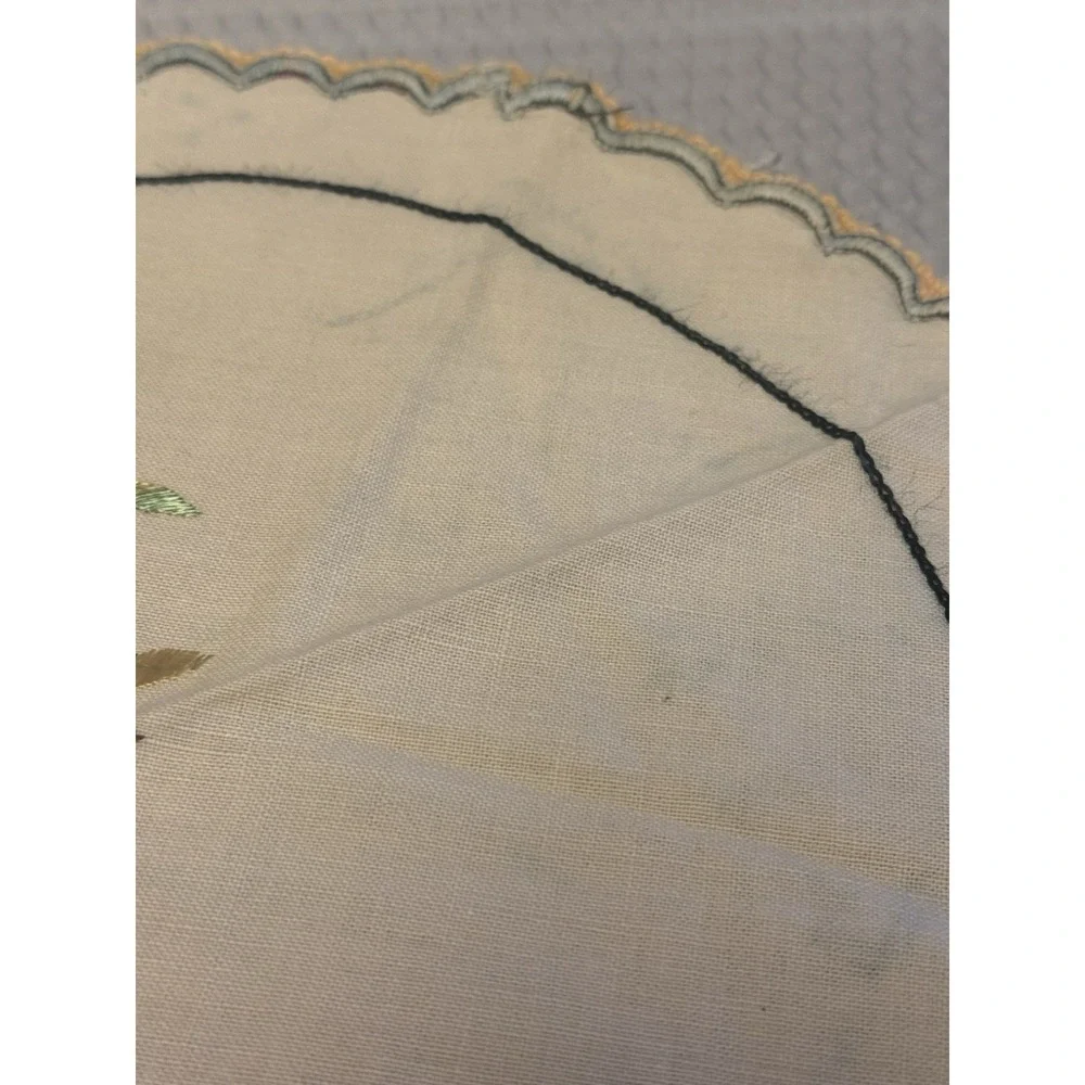 Vintage 12 in Linen Doily Blue Green Embroidered Peacock Handmade 1930-1950